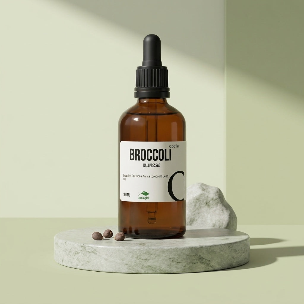 Flaska med kallpressad ekologisk broccolifröolja på ljus sten