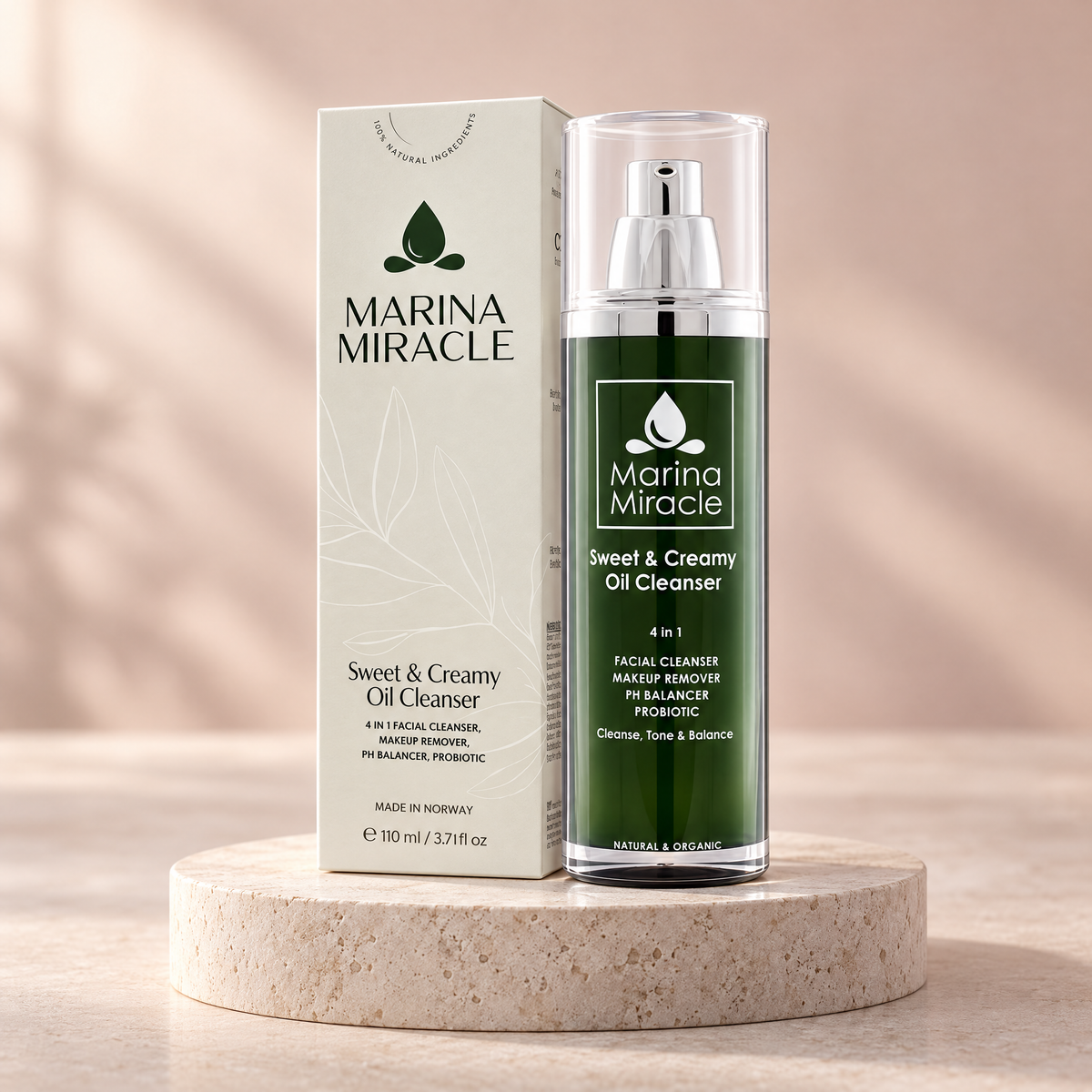 Marina Miracle Sweet & Creamy Oil Cleanser på Gotlandskalksten mot en varm havrefärgad bakgrund