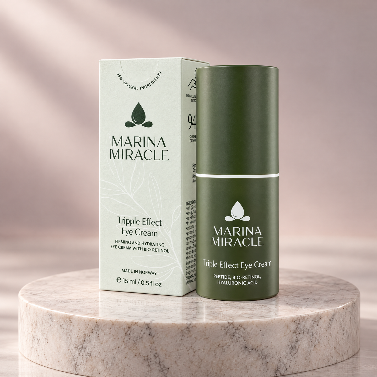 Marina Miracle Triple Effect Eye Cream på ljus svensk granit mot en puderrosa bakgrund